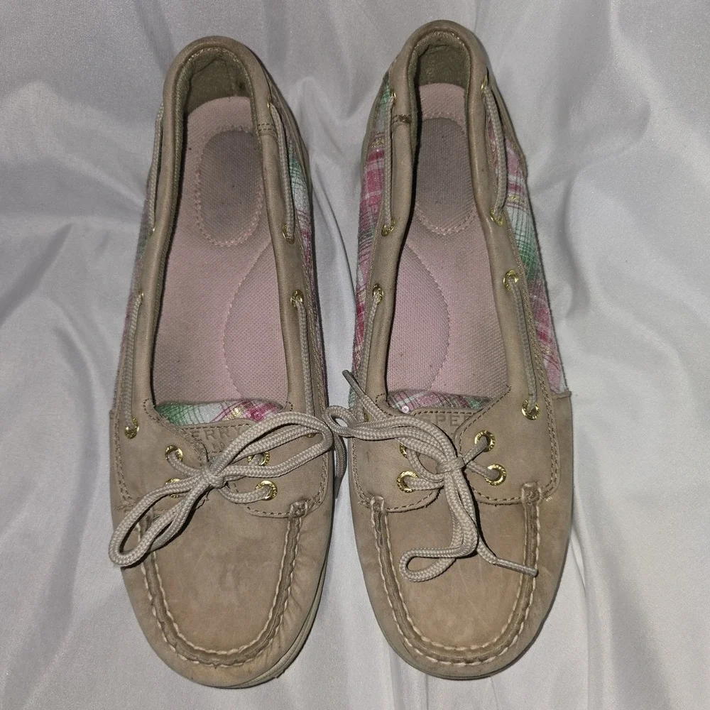Sperry Top-Sider Boat Shoes sz 9 M Natural Tan Leather Pink Sequin Plaid